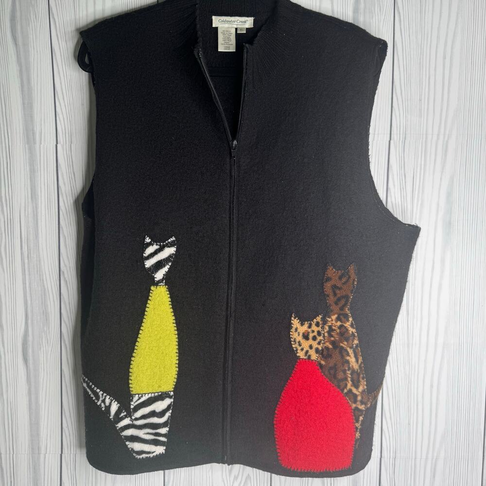 Vintage Coldwater Creek Women Black Wool Full Zip Vest Cat Design XL Flaw